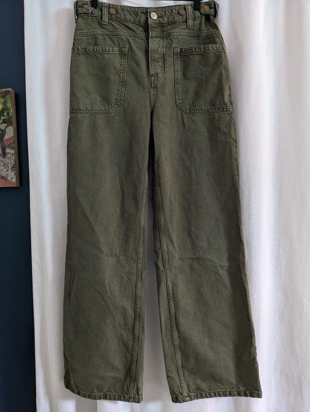 We The Free People Green Denim Pants High Waist Wide Straight Leg Relaxed Fit 27